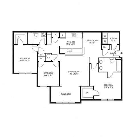 Floor plan for 3 beds, 2 baths, 1396 sqft